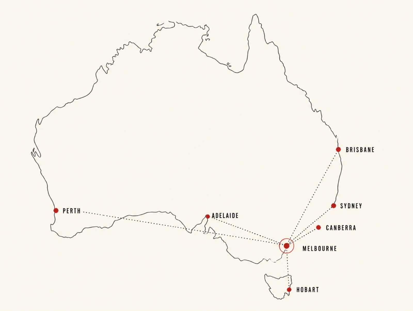 Map of Australia with Melbourne as the hub and crews in Sydney, Brisbane, Adelaide, Perth, Canberra and Hobart