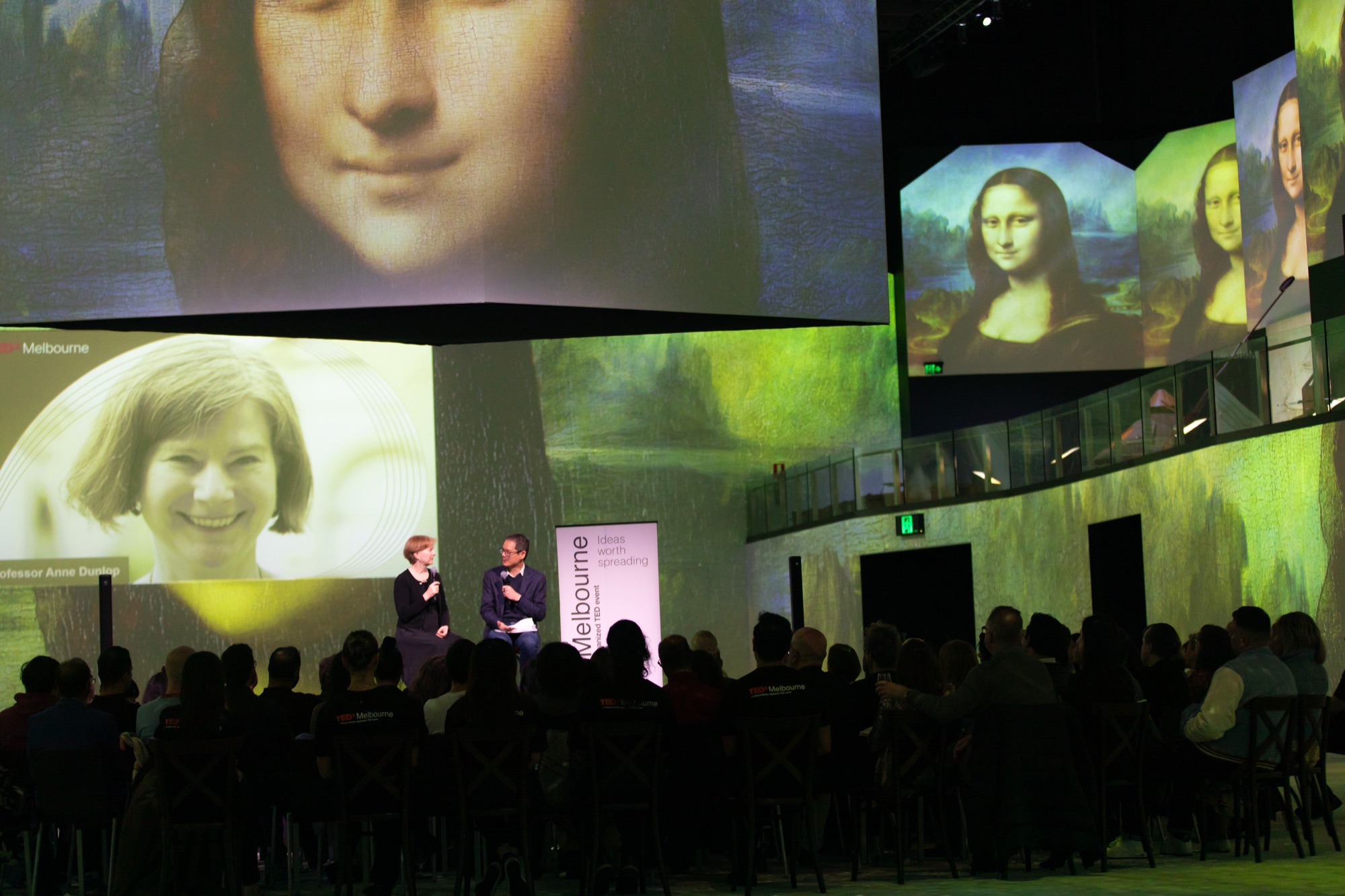 Speakers on an immersive projection stage